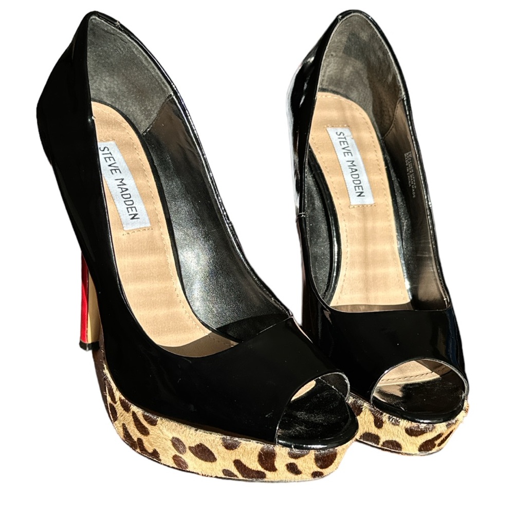 Steve Madden Jaagg Open Toe Black Patent Cheetah … - image 3